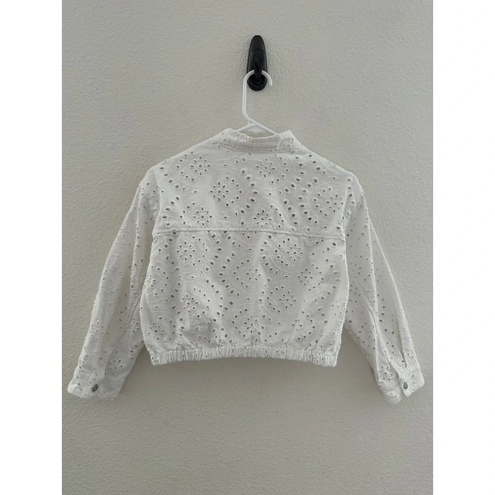 Zara Kids Girls White Eyelet Embroidered Cropped Bomber Jacket Zip Up Size 9-10